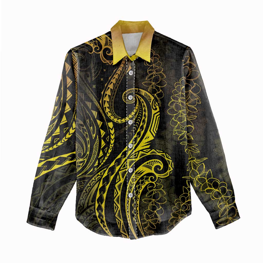 Polynesia Plumeria Lei Women Casual Shirt Black Gold Curves Motif