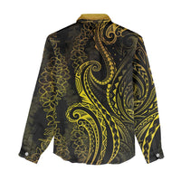 Polynesia Plumeria Lei Women Casual Shirt Black Gold Curves Motif