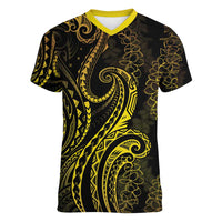 Polynesia Plumeria Lei Women V-Neck T-Shirt Black Gold Curves Motif