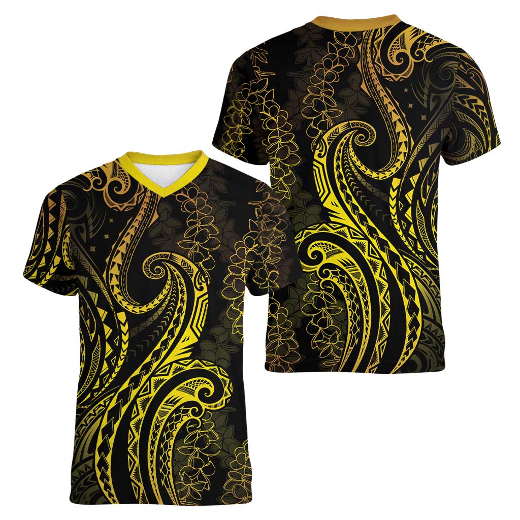 Polynesia Plumeria Lei Women V-Neck T-Shirt Black Gold Curves Motif
