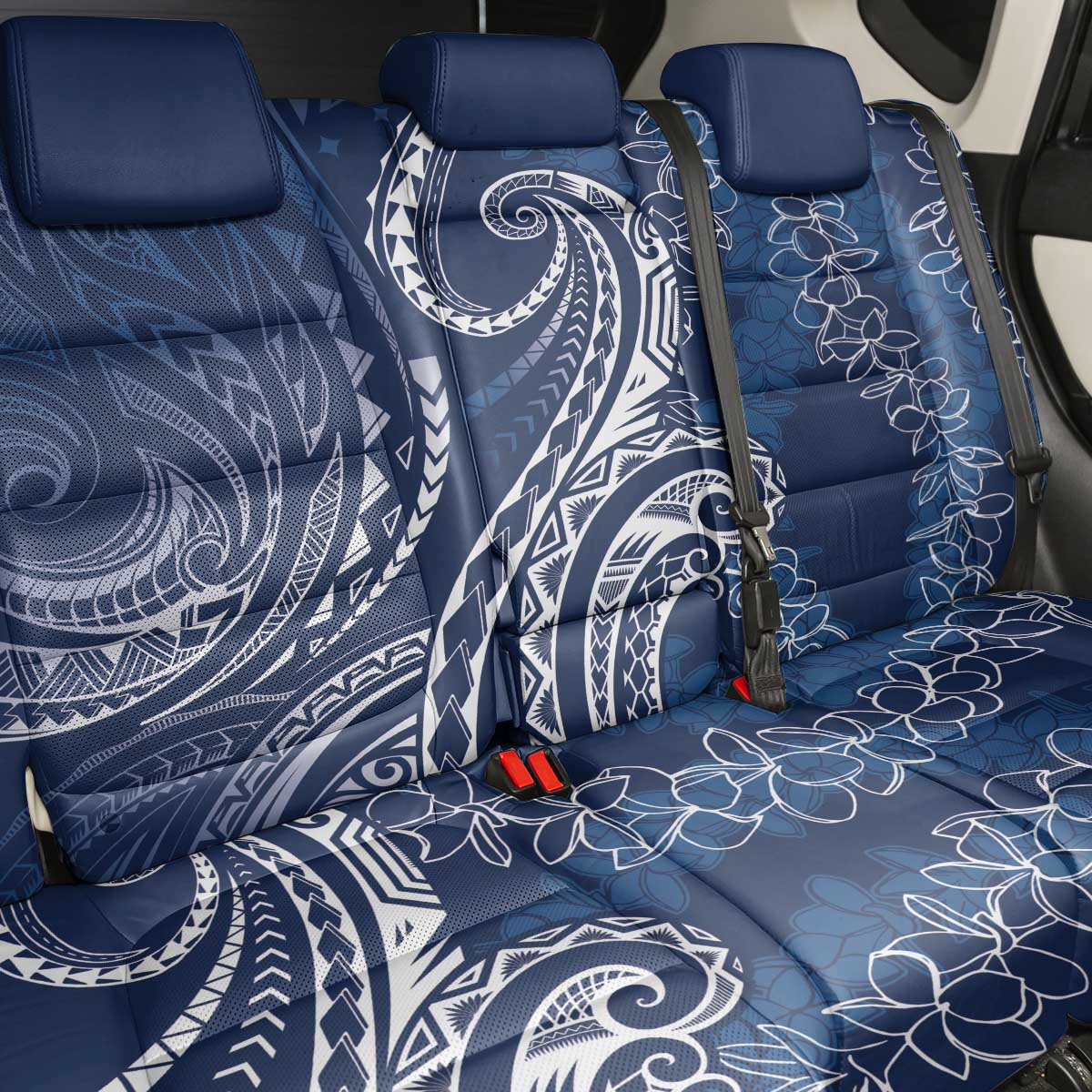 Polynesia Plumeria Lei Back Car Seat Cover Navy Blue Curves Motif
