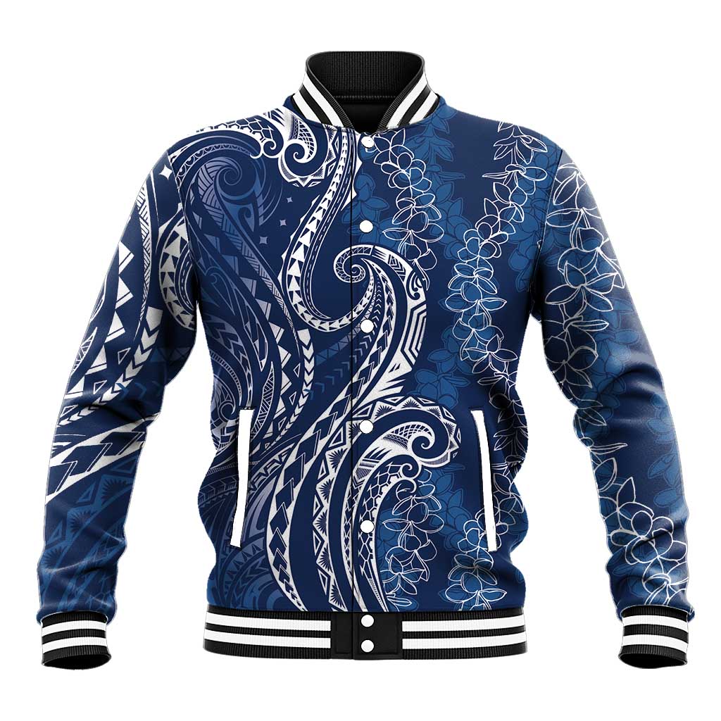 Polynesia Plumeria Lei Baseball Jacket Navy Blue Curves Motif LT7 Unisex Navy Blue - Polynesian Pride