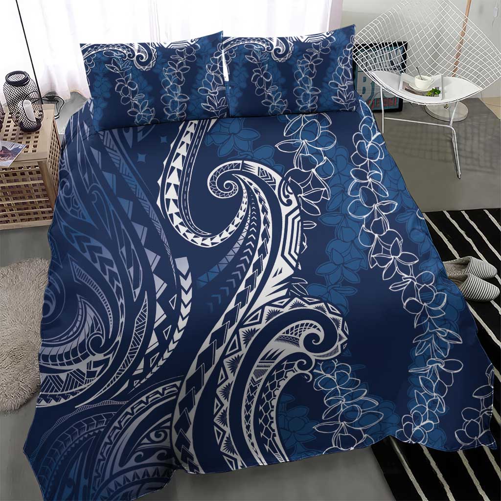 Polynesia Plumeria Lei Bedding Set Navy Blue Curves Motif