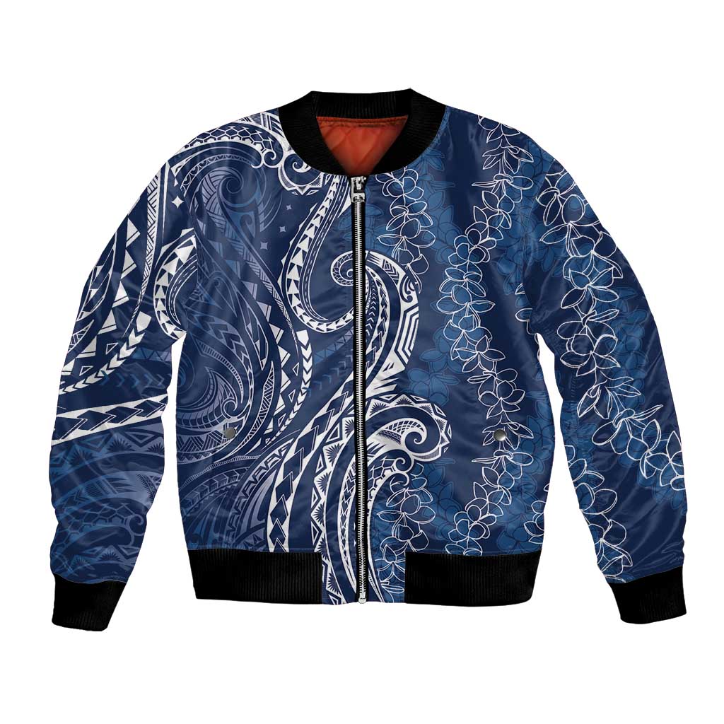 Polynesia Plumeria Lei Bomber Jacket Navy Blue Curves Motif LT7 Unisex Navy Blue - Polynesian Pride