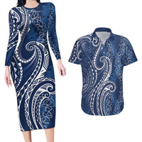 Polynesia Plumeria Lei Couples Matching Long Sleeve Bodycon Dress and Hawaiian Shirt Navy Blue Curves Motif