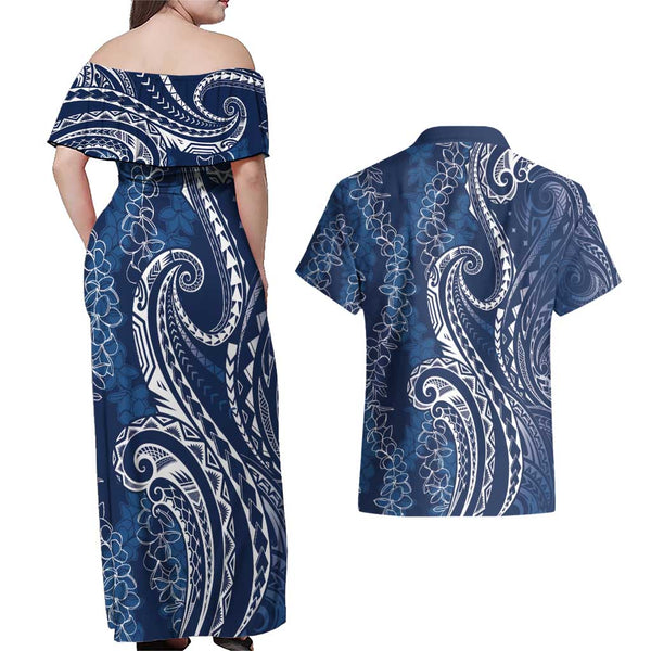 Polynesia Couples Matching Off Shoulder Maxi Dress and Hawaiian Shirt Plumeria With Tribal Pattern Yellow Pastel Vibes LT14 main image 1