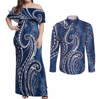 Polynesia Plumeria Lei Couples Matching Off Shoulder Maxi Dress and Long Sleeve Button Shirt Navy Blue Curves Motif LT7 Navy Blue - Polynesian Pride