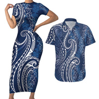 Polynesia Plumeria Lei Couples Matching Short Sleeve Bodycon Dress and Hawaiian Shirt Navy Blue Curves Motif