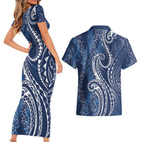 Polynesia Plumeria Lei Couples Matching Short Sleeve Bodycon Dress and Hawaiian Shirt Navy Blue Curves Motif