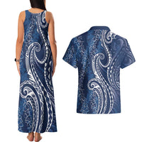 Polynesia Plumeria Lei Couples Matching Tank Maxi Dress and Hawaiian Shirt Navy Blue Curves Motif