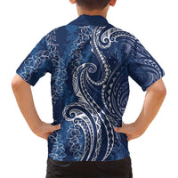 Polynesia Plumeria Lei Family Matching Long Sleeve Bodycon Dress and Hawaiian Shirt Navy Blue Curves Motif LT7 - Polynesian Pride