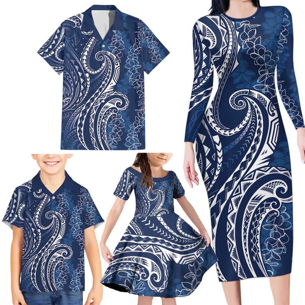 Polynesia Plumeria Lei Family Matching Long Sleeve Bodycon Dress and Hawaiian Shirt Navy Blue Curves Motif
