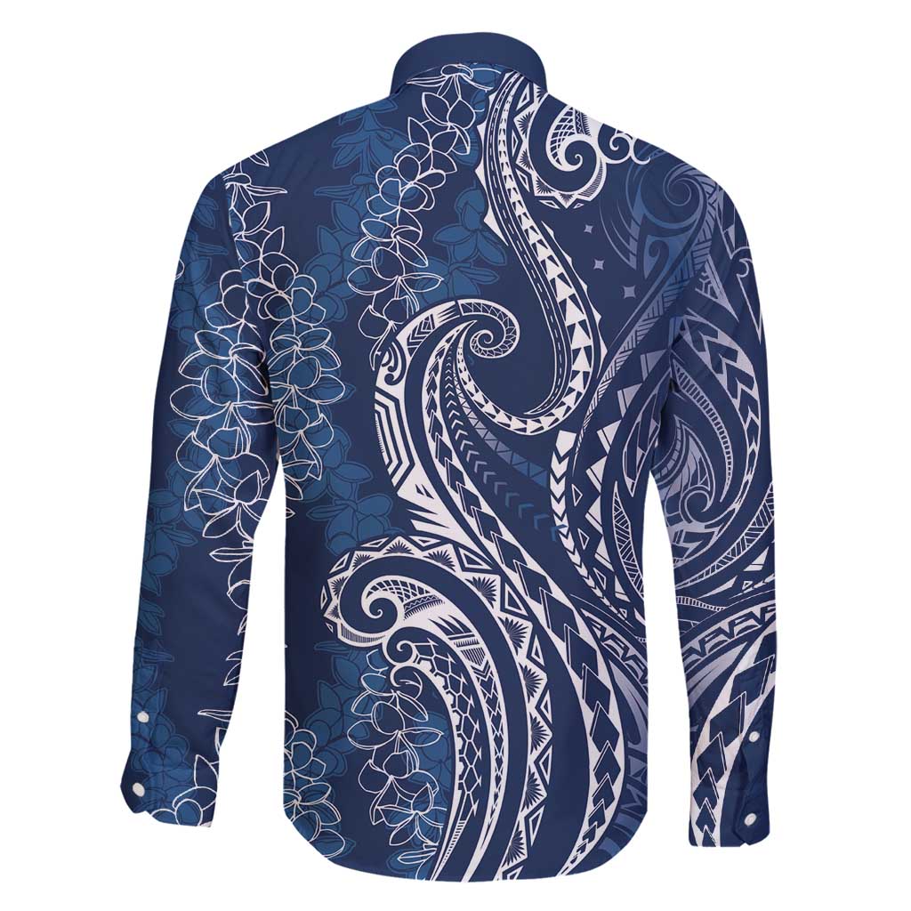 Polynesia Plumeria Lei Family Matching Long Sleeve Bodycon Dress and Hawaiian Shirt Navy Blue Curves Motif LT7 - Polynesian Pride
