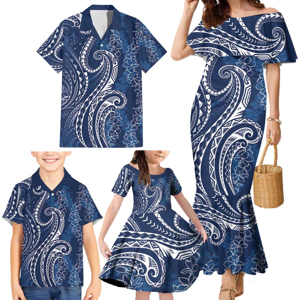 Polynesia Plumeria Lei Family Matching Mermaid Dress and Hawaiian Shirt Navy Blue Curves Motif
