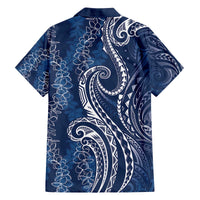 Polynesia Plumeria Lei Family Matching Off The Shoulder Long Sleeve Dress and Hawaiian Shirt Navy Blue Curves Motif