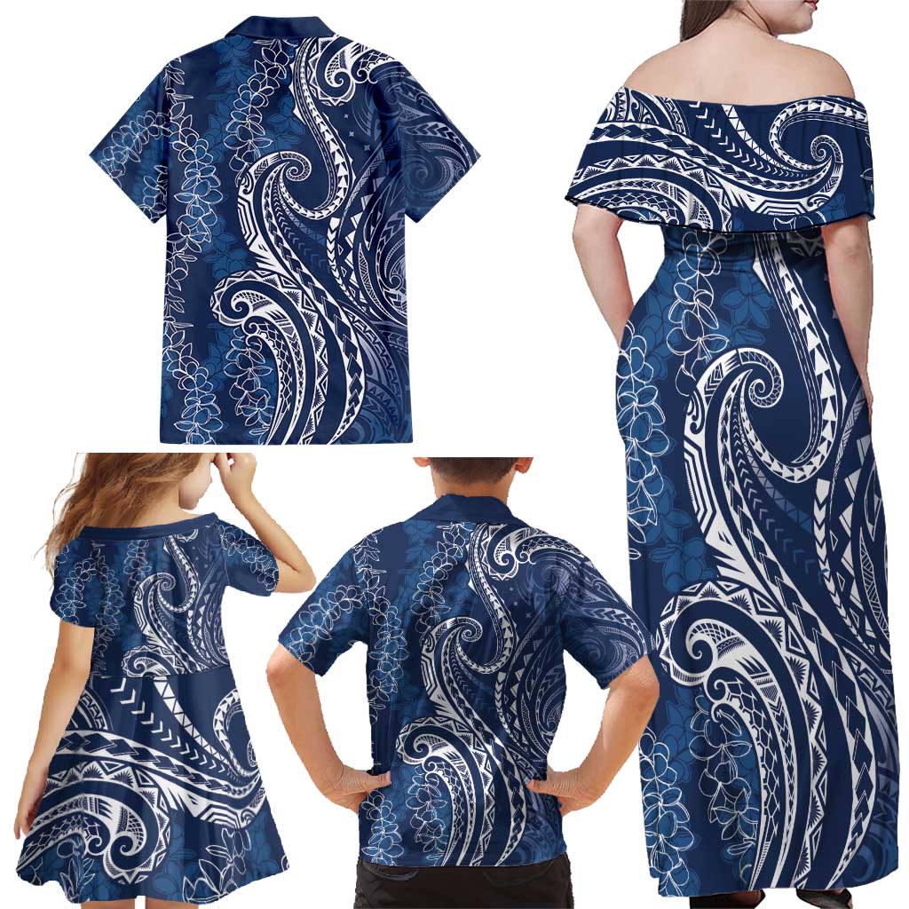 Polynesia Plumeria Lei Family Matching Off Shoulder Maxi Dress and Hawaiian Shirt Navy Blue Curves Motif
