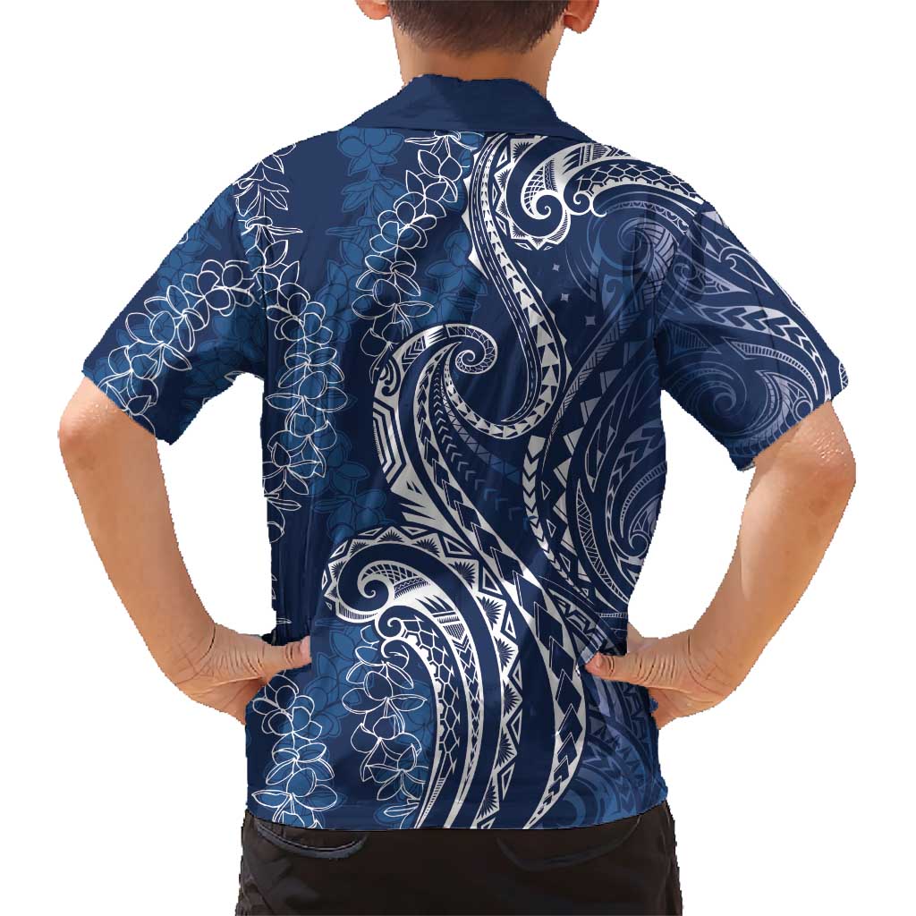 Polynesia Plumeria Lei Family Matching Short Sleeve Bodycon Dress and Hawaiian Shirt Navy Blue Curves Motif LT7 - Polynesian Pride
