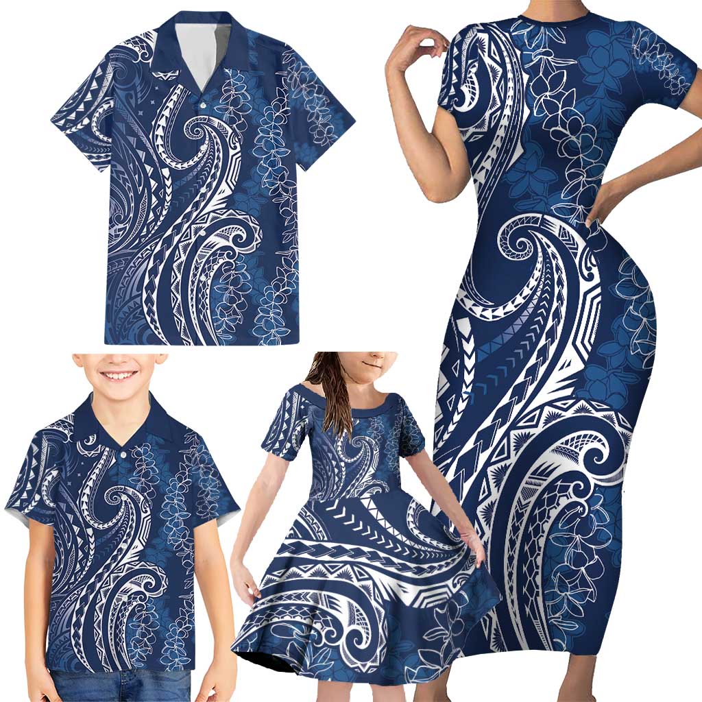 Polynesia Plumeria Lei Family Matching Short Sleeve Bodycon Dress and Hawaiian Shirt Navy Blue Curves Motif