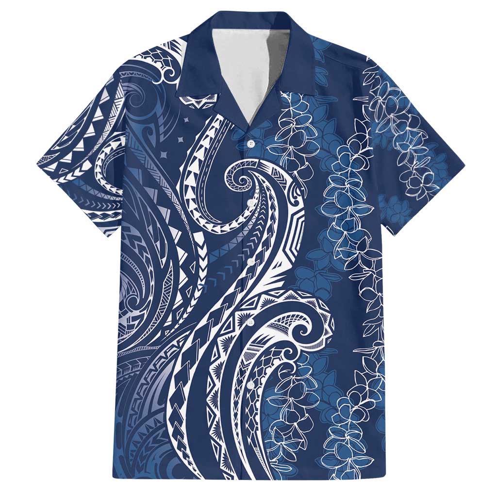 Polynesia Plumeria Lei Family Matching Summer Maxi Dress and Hawaiian Shirt Navy Blue Curves Motif LT7 Dad's Shirt - Short Sleeve Navy Blue - Polynesian Pride