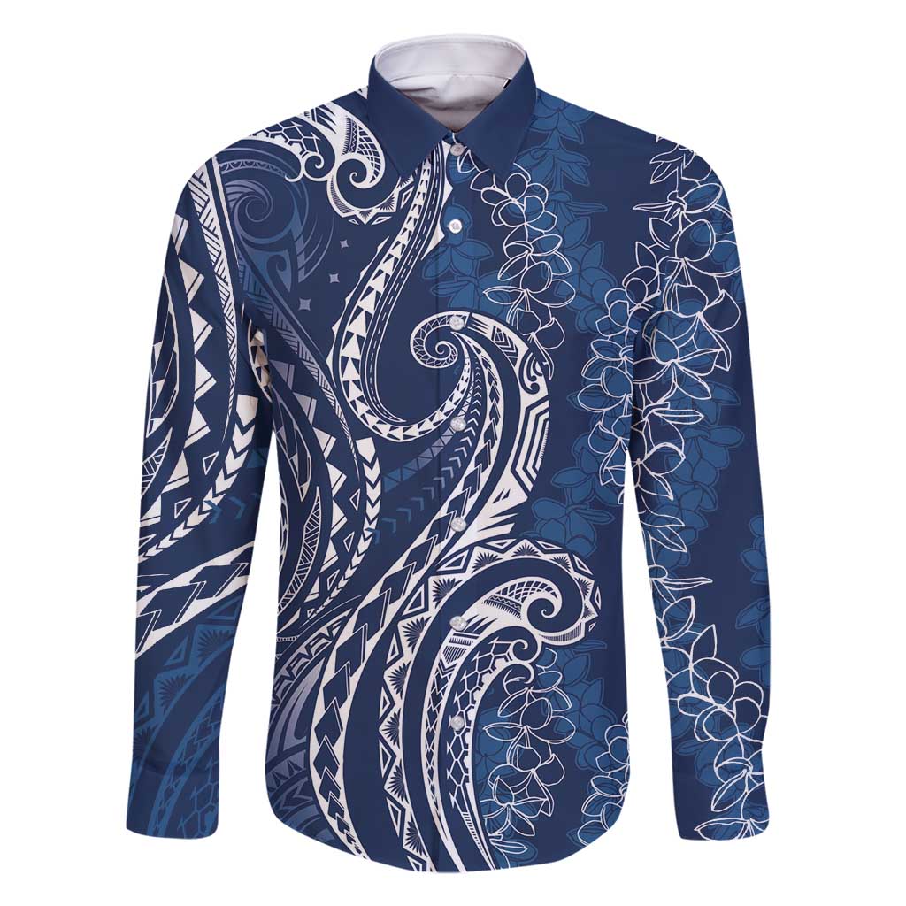 Polynesia Plumeria Lei Family Matching Summer Maxi Dress and Hawaiian Shirt Navy Blue Curves Motif LT7 Dad's Shirt - Long Sleeve Navy Blue - Polynesian Pride