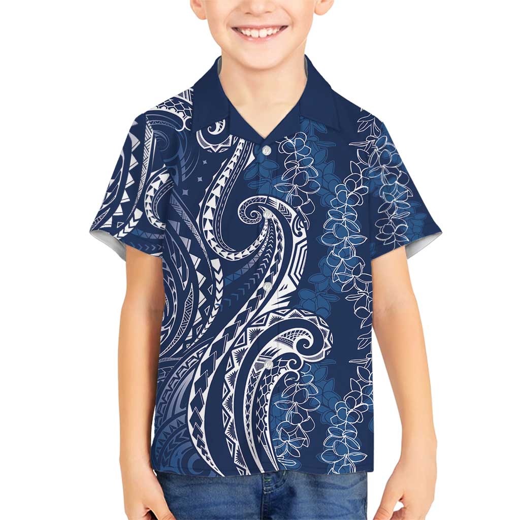 Polynesia Plumeria Lei Family Matching Summer Maxi Dress and Hawaiian Shirt Navy Blue Curves Motif LT7 Son's Shirt Navy Blue - Polynesian Pride
