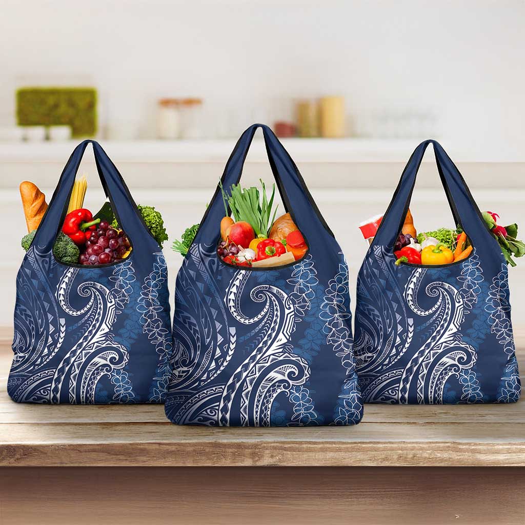 Polynesia Plumeria Lei Grocery Bag Navy Blue Curves Motif