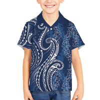Polynesia Plumeria Lei Kid Hawaiian Shirt Navy Blue Curves Motif