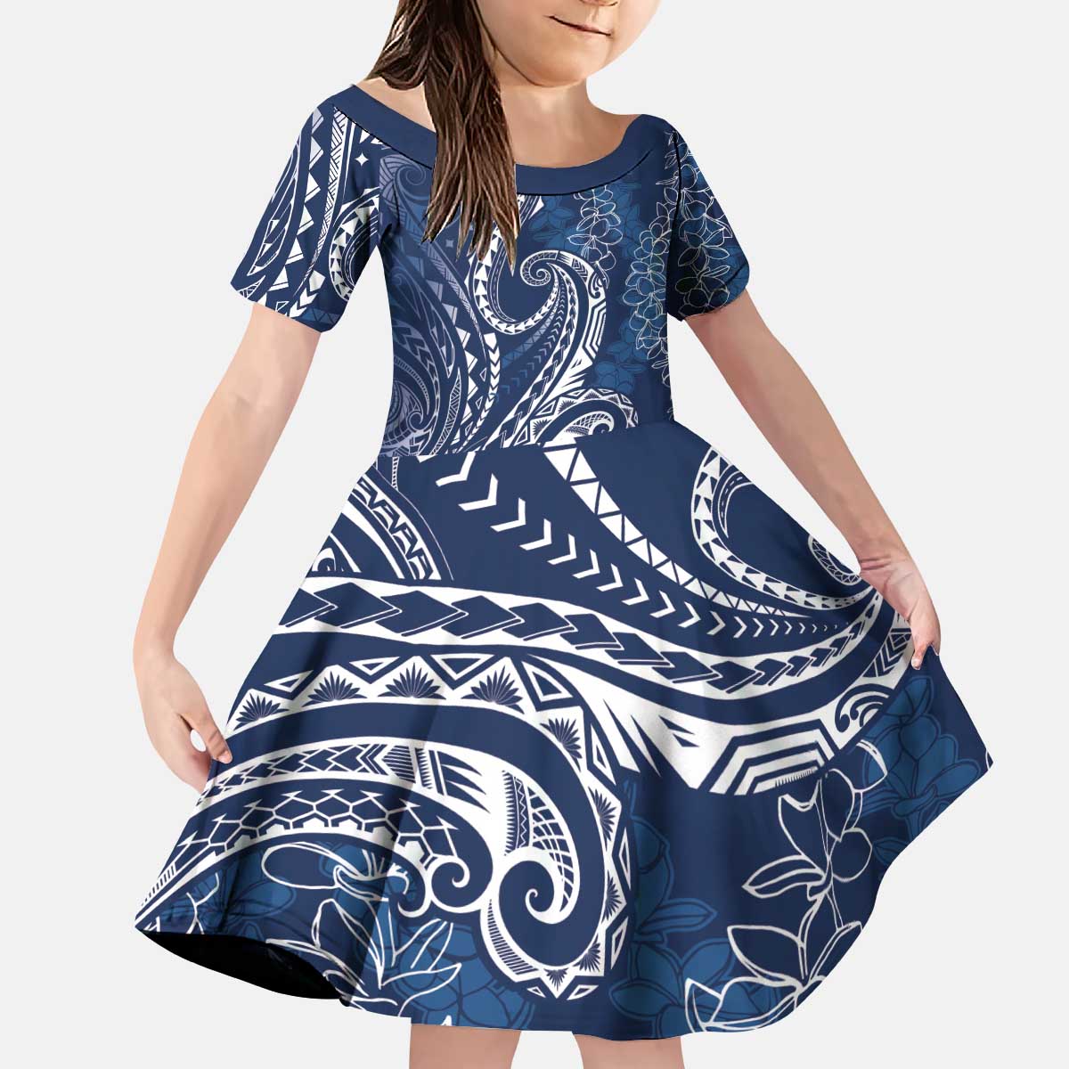 Polynesia Plumeria Lei Kid Short Sleeve Dress Navy Blue Curves Motif