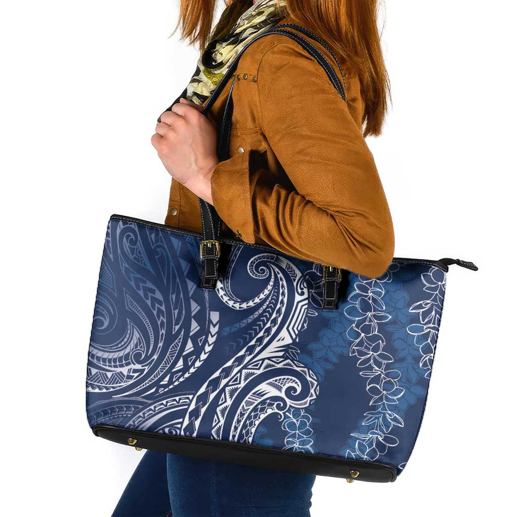 Polynesia Plumeria Lei Leather Tote Bag Navy Blue Curves Motif LT7 Navy Blue - Polynesian Pride