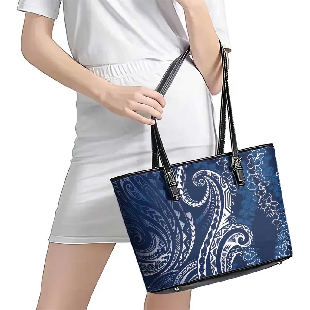Polynesia Plumeria Lei Leather Tote Bag Navy Blue Curves Motif