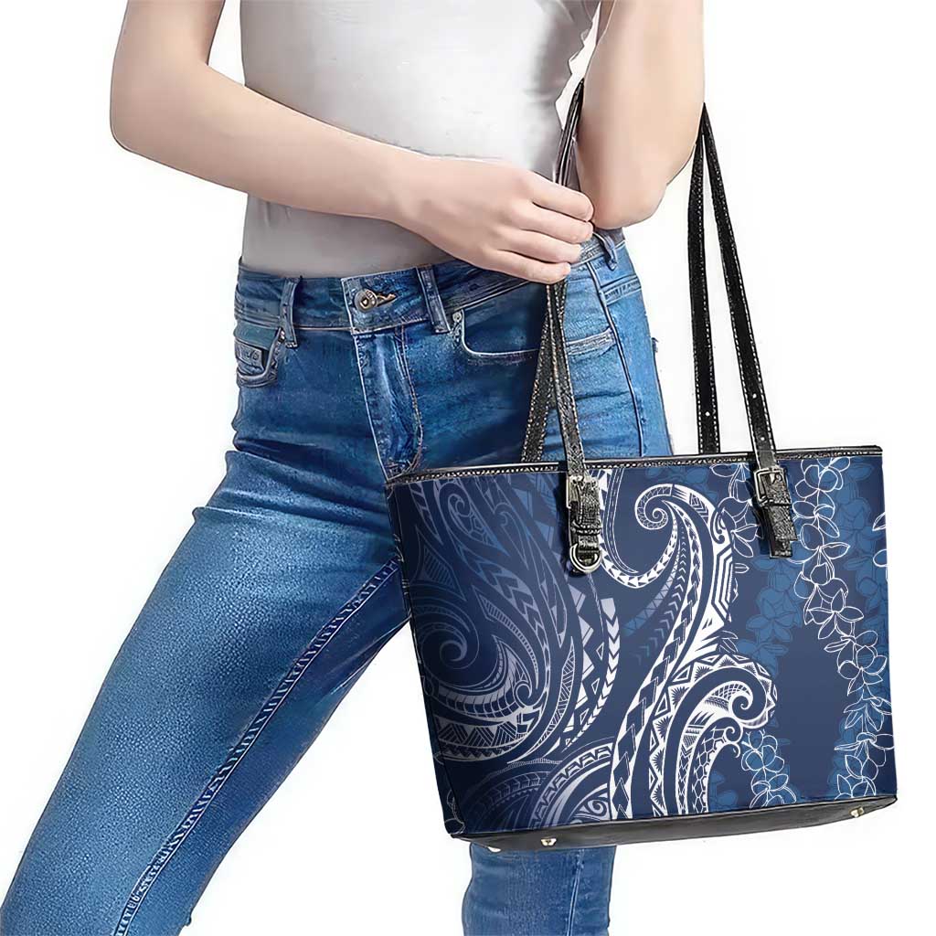 Polynesia Plumeria Lei Leather Tote Bag Navy Blue Curves Motif