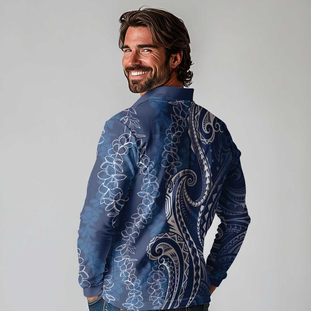 Polynesia Plumeria Lei Long Sleeve Polo Shirt Navy Blue Curves Motif
