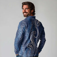 Polynesia Plumeria Lei Long Sleeve Polo Shirt Navy Blue Curves Motif