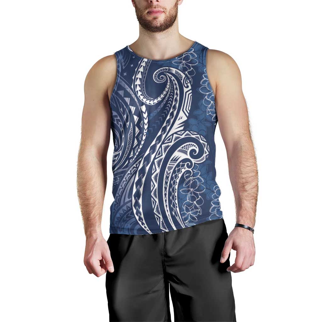 Polynesia Plumeria Lei Men Tank Top Navy Blue Curves Motif