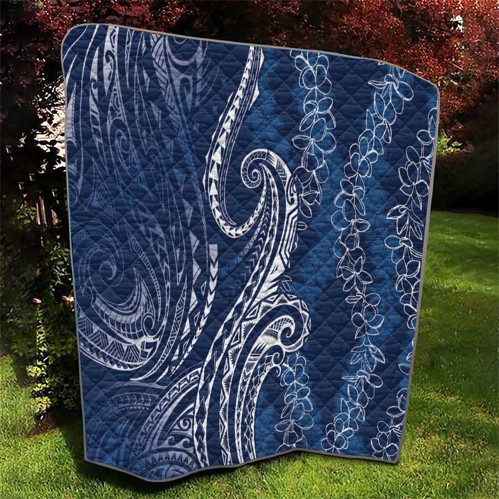 Polynesia Plumeria Lei Quilt Navy Blue Curves Motif