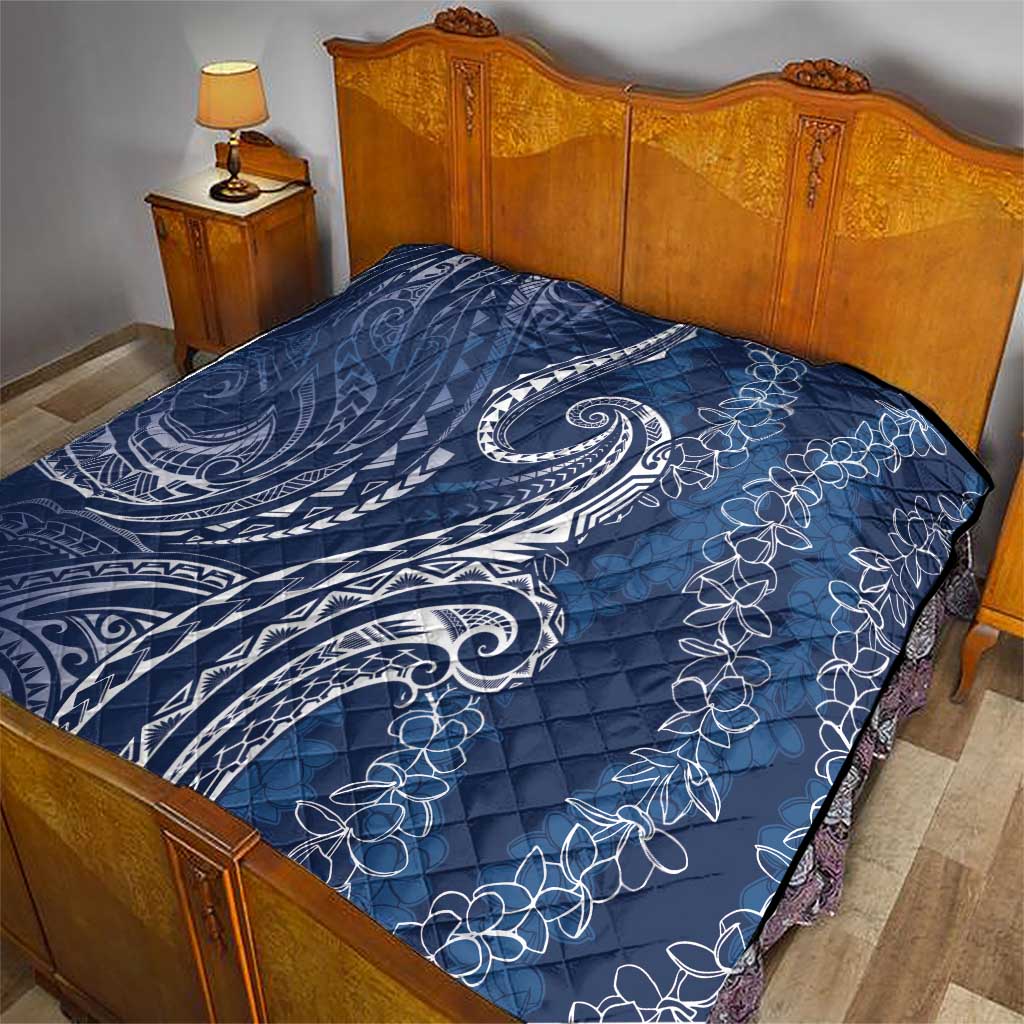 Polynesia Plumeria Lei Quilt Navy Blue Curves Motif