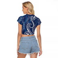 Polynesia Plumeria Lei Raglan Cropped T Shirt Navy Blue Curves Motif