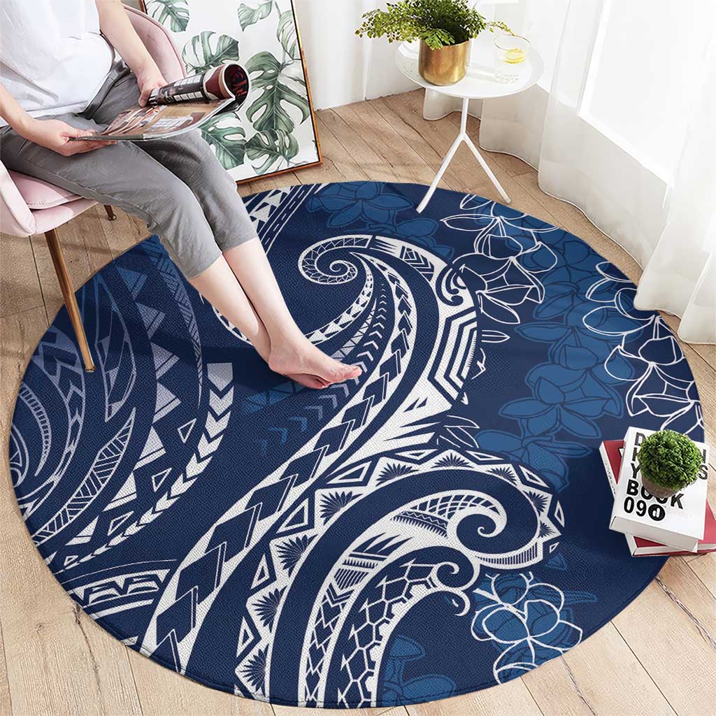 Polynesia Plumeria Lei Round Carpet Navy Blue Curves Motif