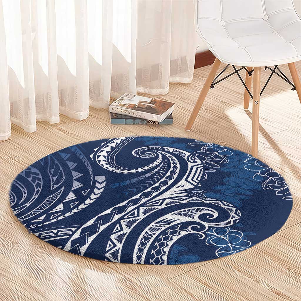Polynesia Plumeria Lei Round Carpet Navy Blue Curves Motif