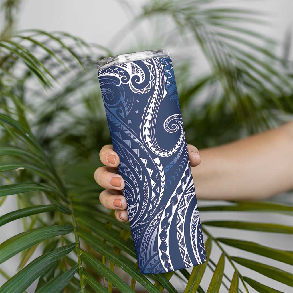 Polynesia Plumeria Lei Skinny Tumbler Navy Blue Curves Motif LT7 - Polynesian Pride