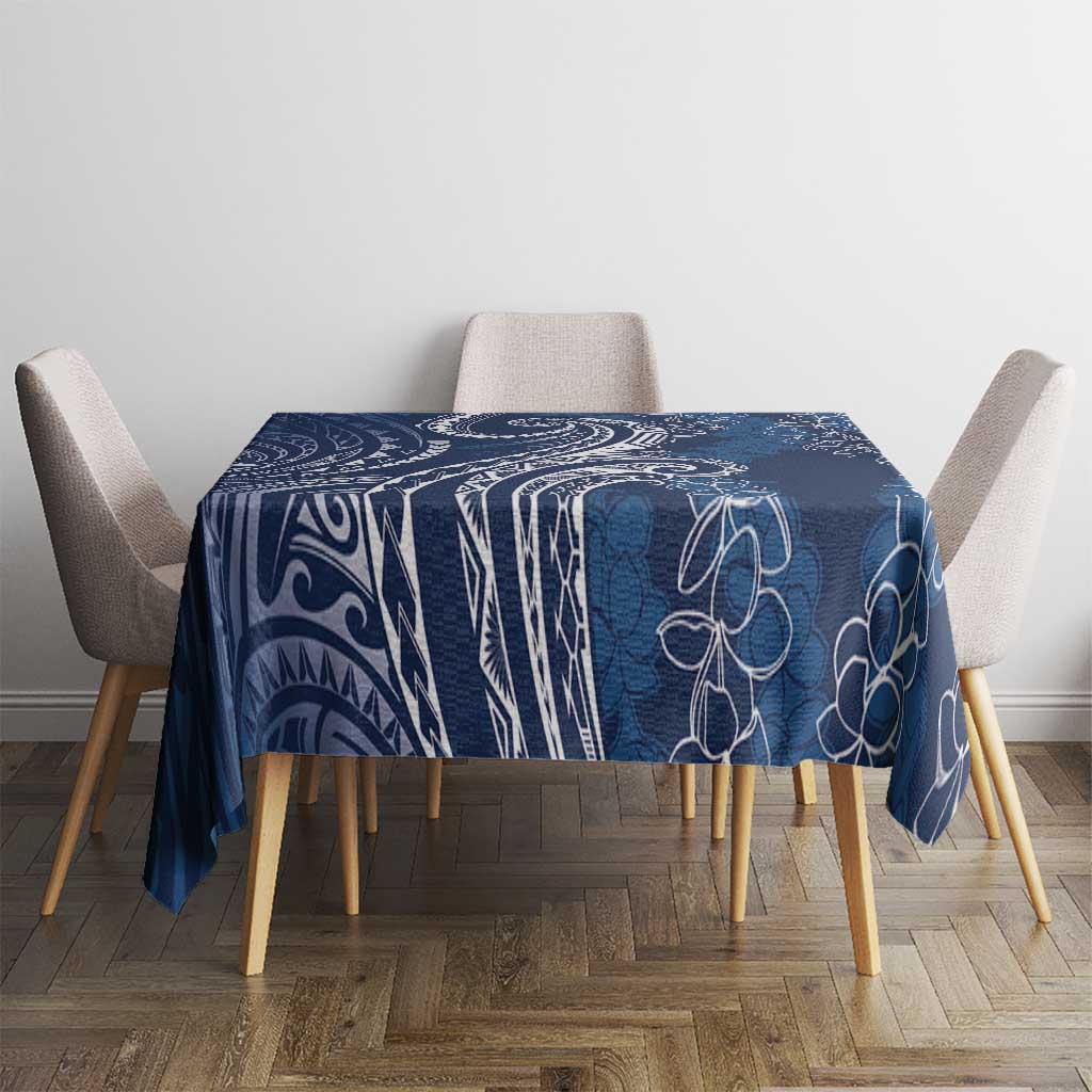 Polynesia Plumeria Lei Tablecloth Navy Blue Curves Motif