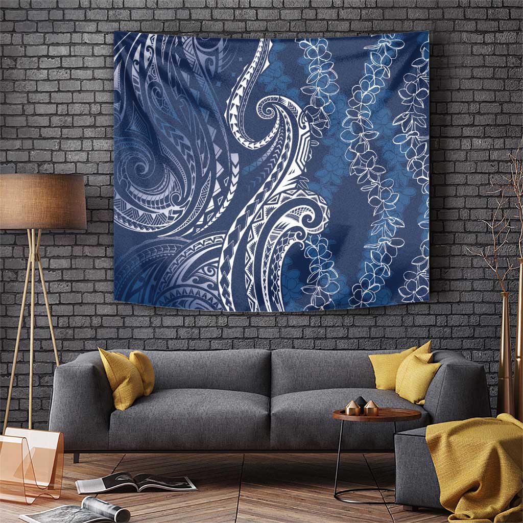 Polynesia Plumeria Lei Tapestry Navy Blue Curves Motif