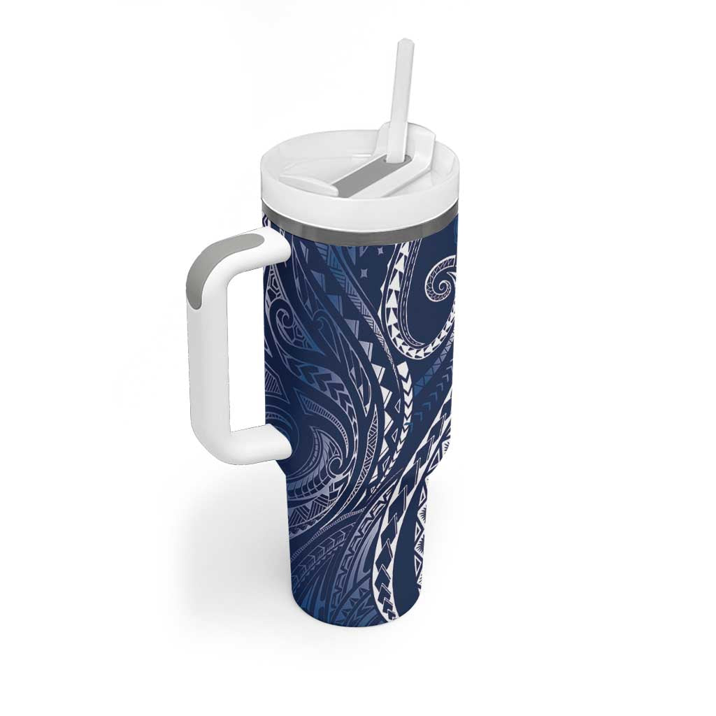 Polynesia Plumeria Lei Tumbler With Handle Navy Blue Curves Motif