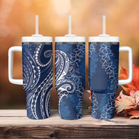 Polynesia Plumeria Lei Tumbler With Handle Navy Blue Curves Motif
