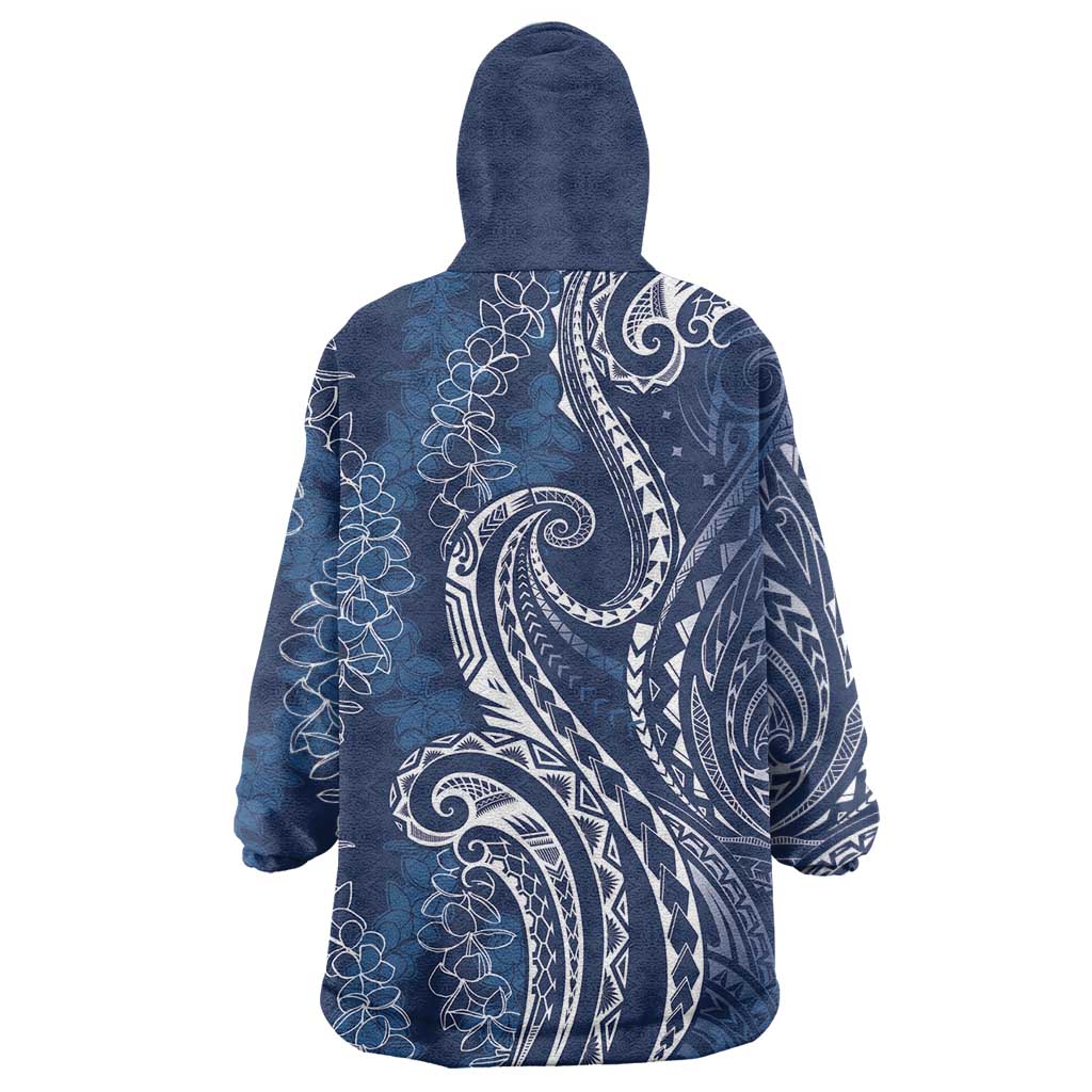 Polynesia Plumeria Lei Wearable Blanket Hoodie Navy Blue Curves Motif