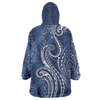 Polynesia Plumeria Lei Wearable Blanket Hoodie Navy Blue Curves Motif