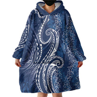Polynesia Plumeria Lei Wearable Blanket Hoodie Navy Blue Curves Motif