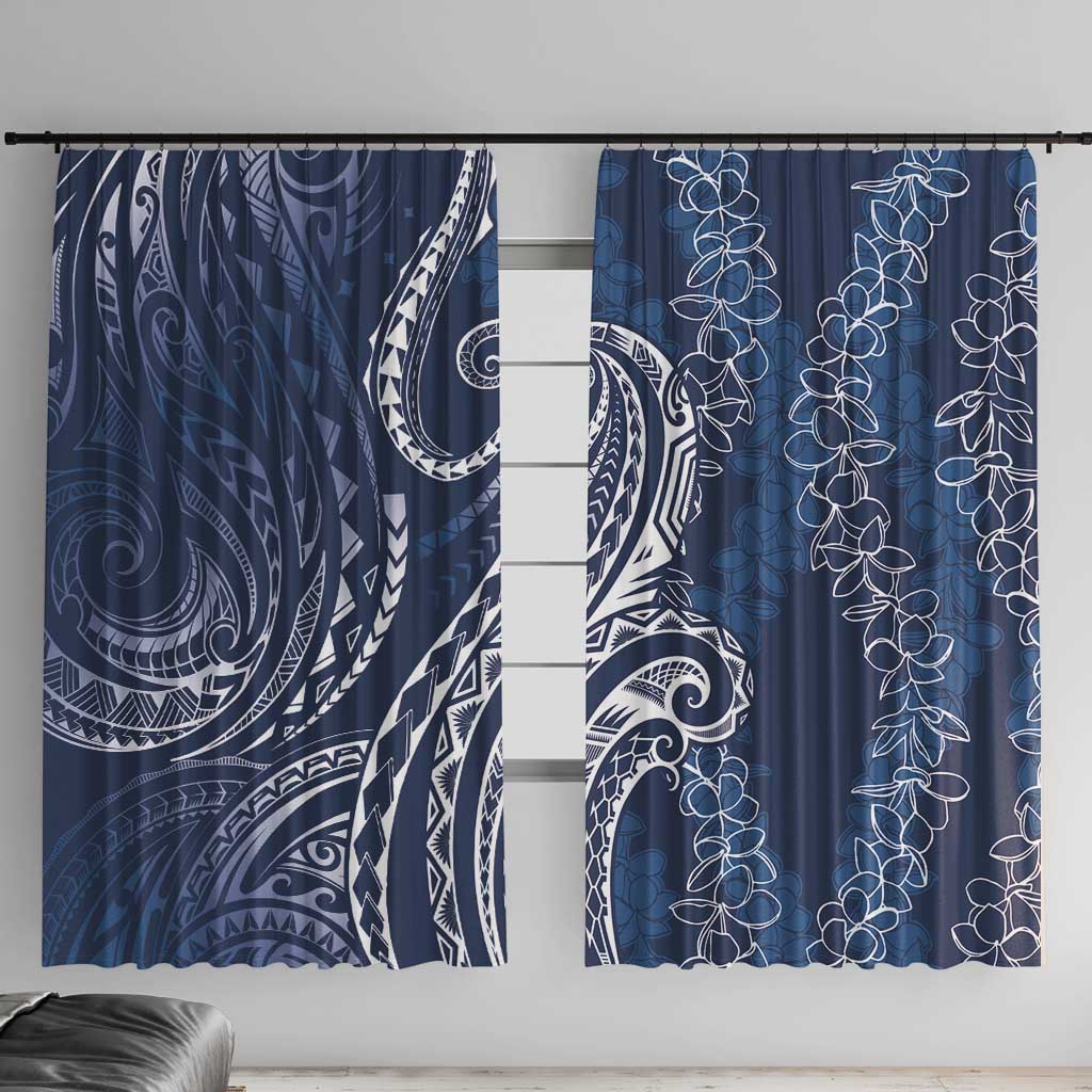 Polynesia Plumeria Lei Window Curtain Navy Blue Curves Motif LT7 With Hooks Navy Blue - Polynesian Pride