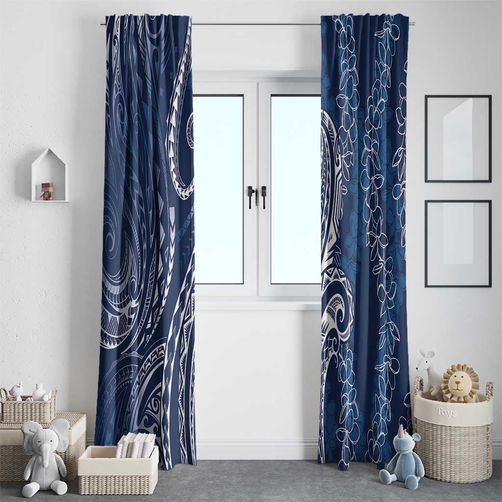 Polynesia Plumeria Lei Window Curtain Navy Blue Curves Motif