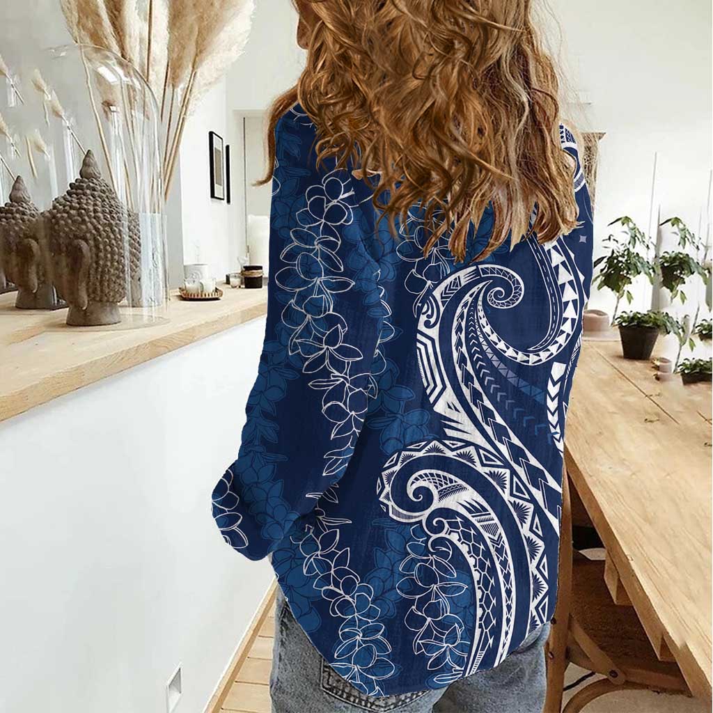 Polynesia Plumeria Lei Women Casual Shirt Navy Blue Curves Motif